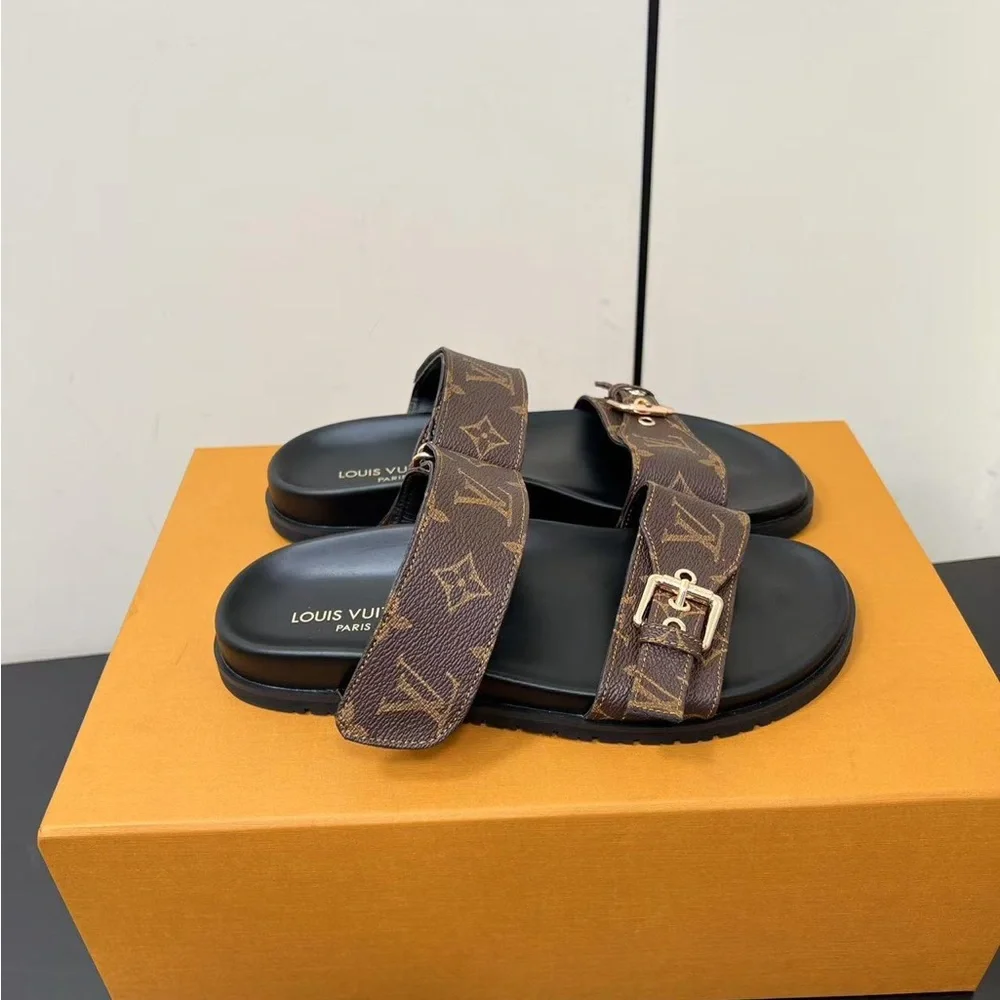 Louis Vuitton Brown Monogram Double-Strap Slide Sandals